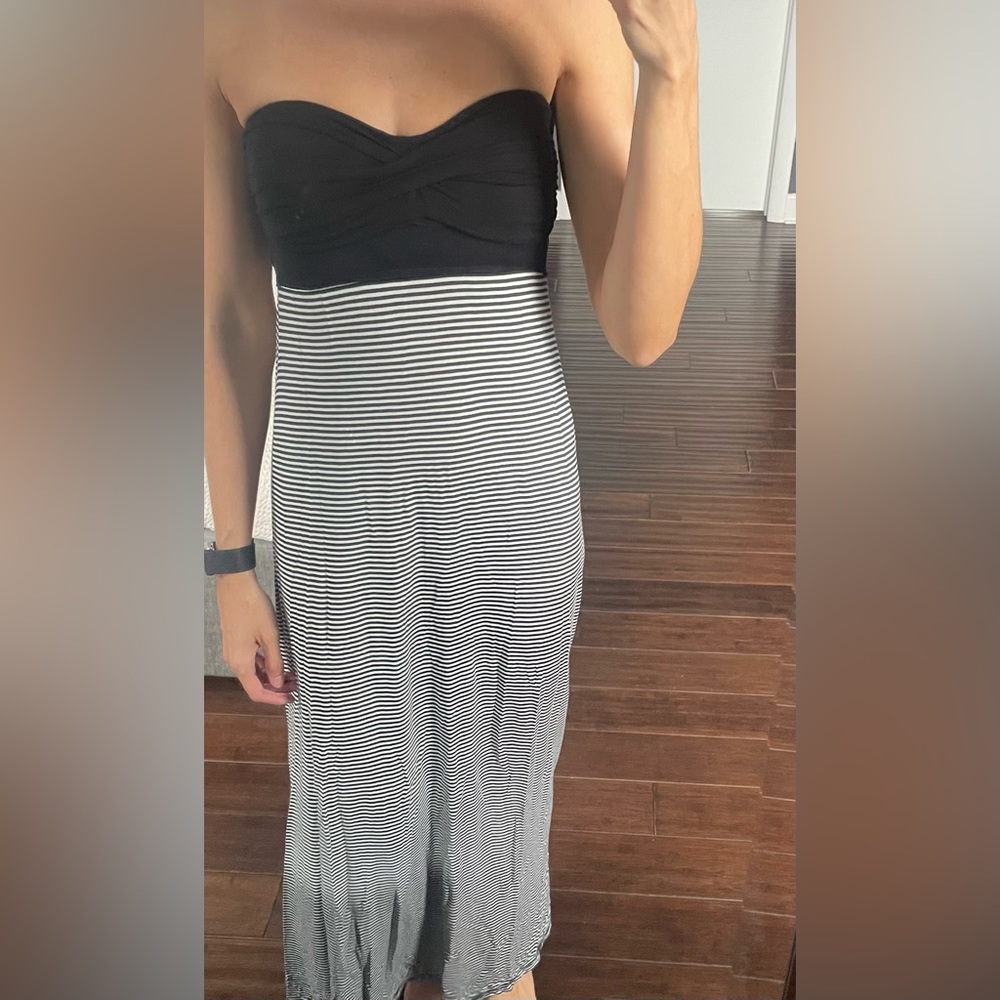 Strapless Maxi Dress XS Black White Striped Bodycon Summer